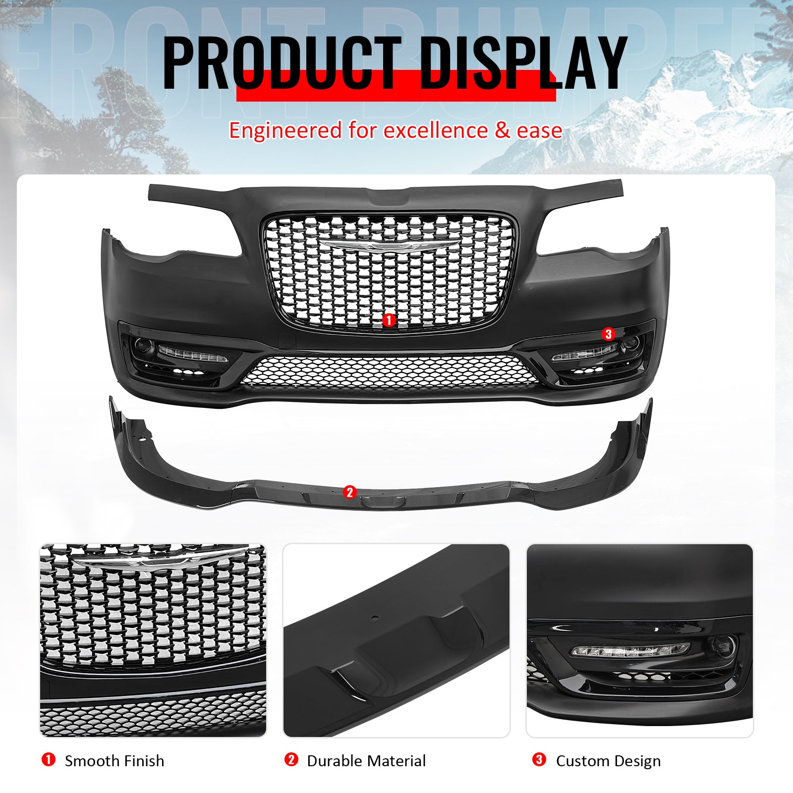 For 15-23 Chrysler 300 300S Style Front Bumper Cover Fog Lights Gloss Grille/Lip