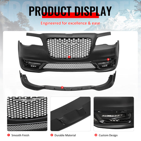 For 15-23 Chrysler 300 300S Style Front Bumper Cover Fog Lights Gloss Grille/Lip