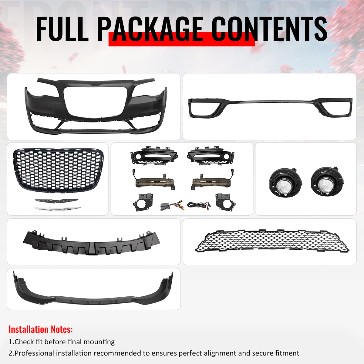 For 15-23 Chrysler 300 300S Style Front Bumper Cover Fog Lights Gloss Grille/Lip