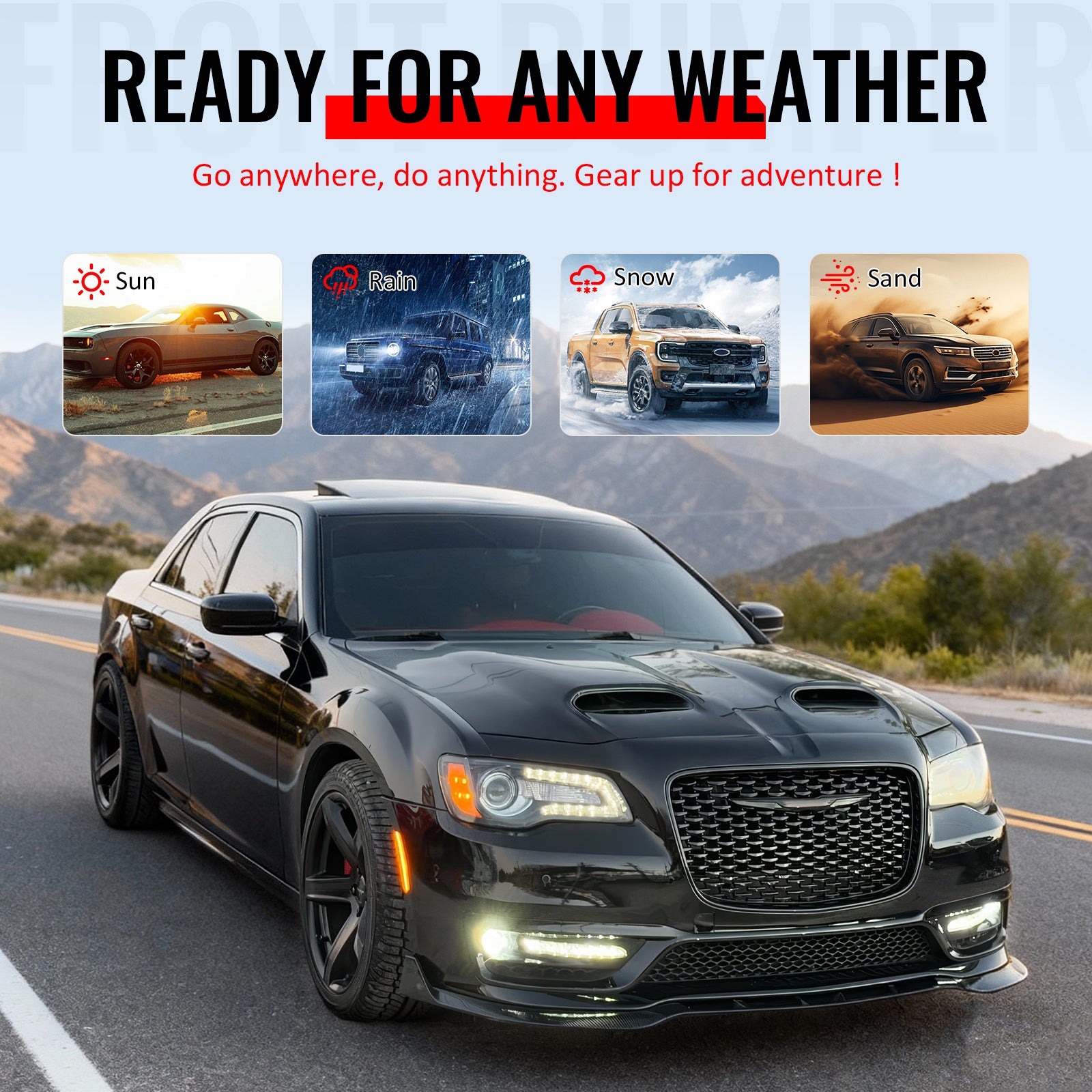 For 15-23 Chrysler 300 300S Style Front Bumper Cover Fog Lights Gloss Grille/Lip