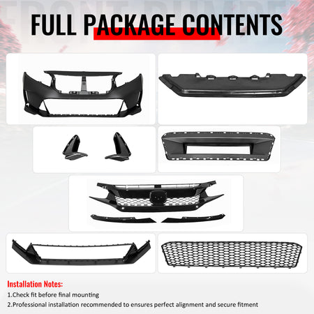 Fits 16-21 Honda Civic FL5 Front Bumper Cover Type R Style Conversion PP Fascia
