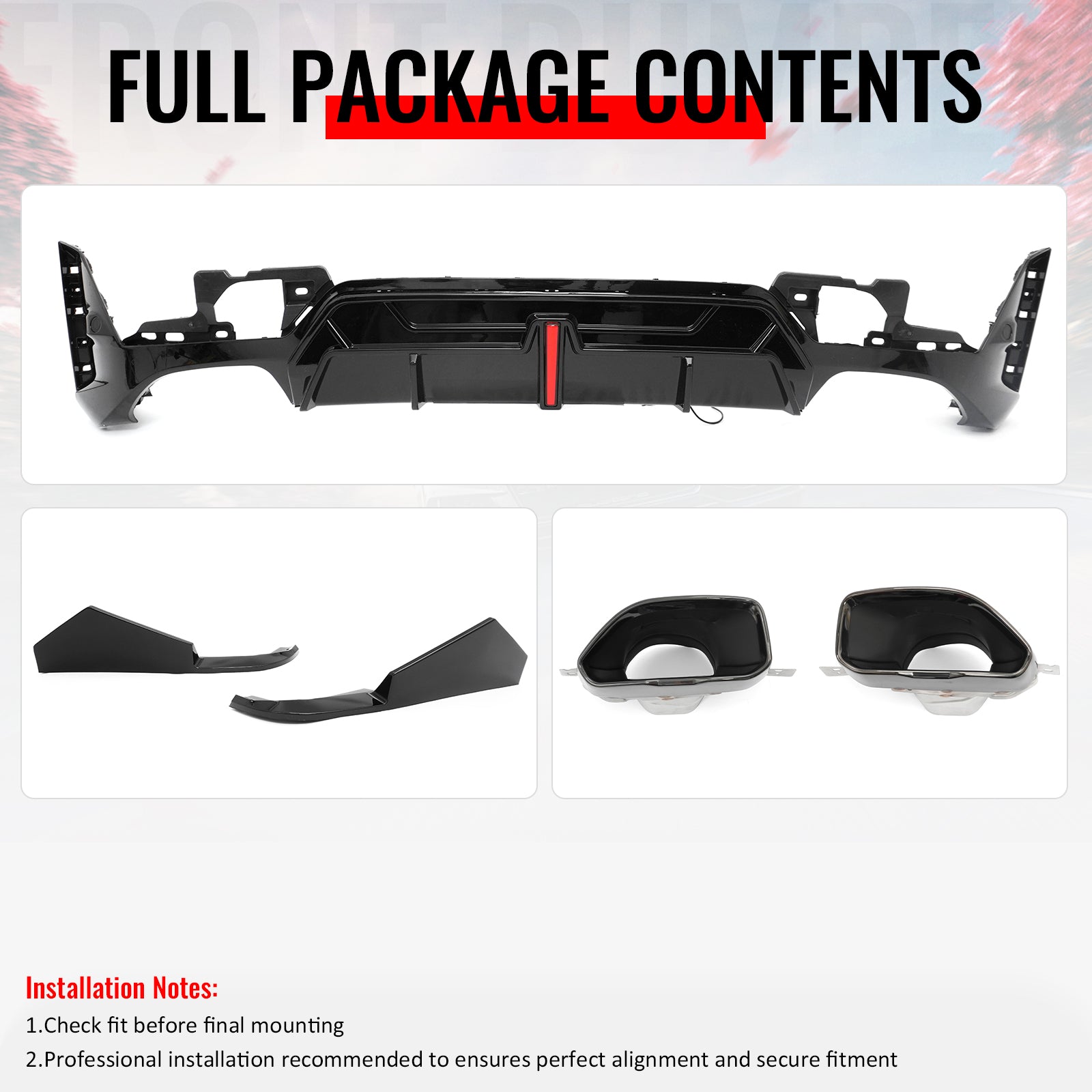 Fits 23-26 BMW G20 3-Series Rear Diffuser W/LED + Apron +Exhaust Tip Gloss Black