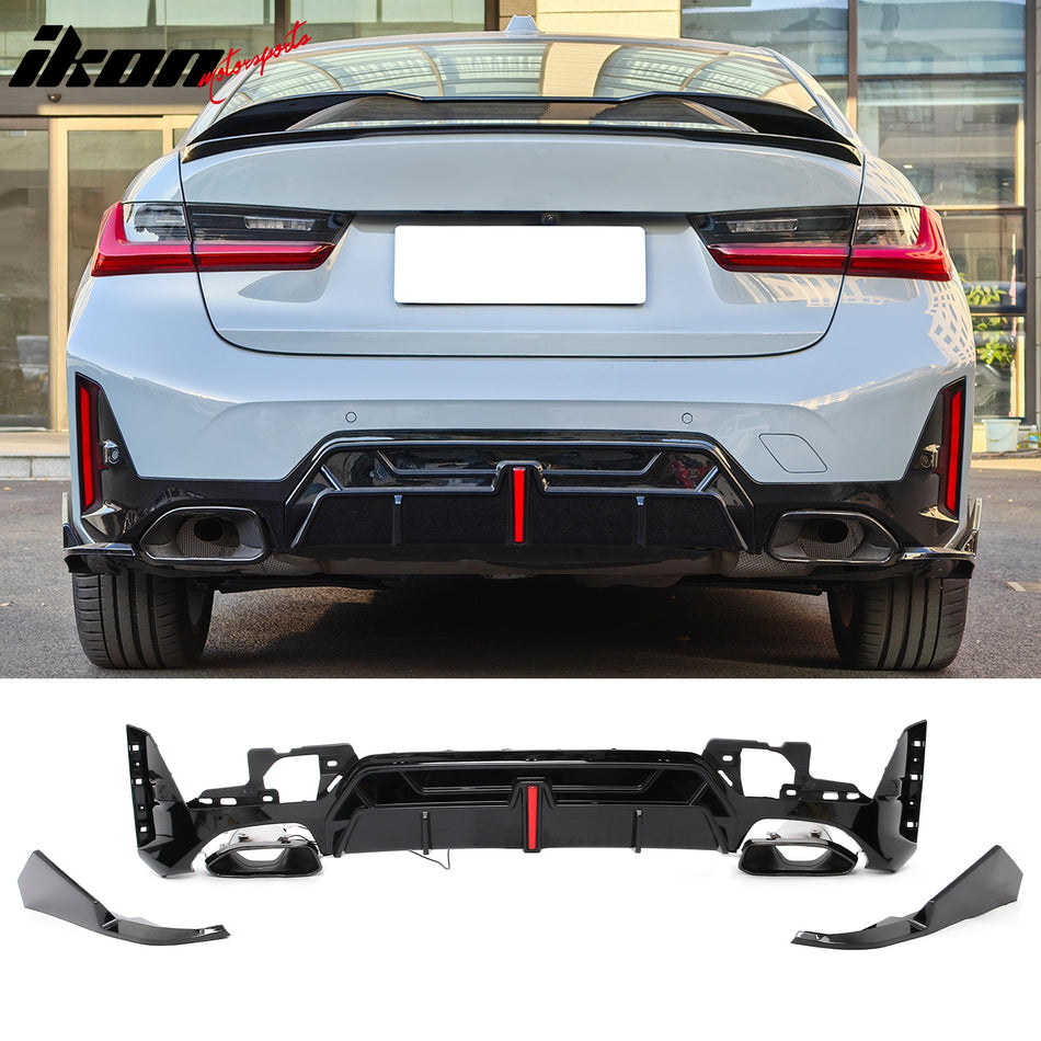 2023-2026 BMW G20 3-Series 320/330 W/M Sport Bumper & M340i/M340i xDrive IKON Style Gloss Black Rear Bumper Lip Diffuser W/LED & Aprons & Exhaust Tips