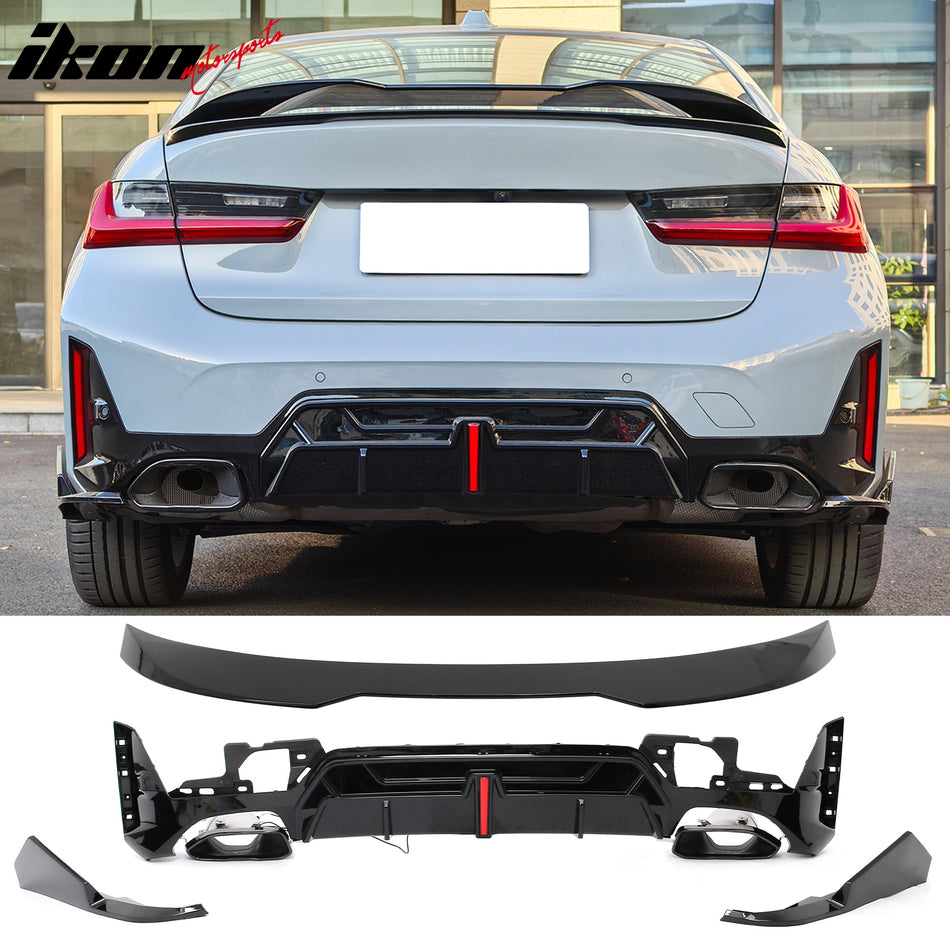 2023-2026 BMW G20 3-Series 320/330 W/M Sport Bumper IKON Style Gloss Black Rear Bumper Lip Diffuser W/LED & Aprons & Exhaust Tips & Trunk Spoiler