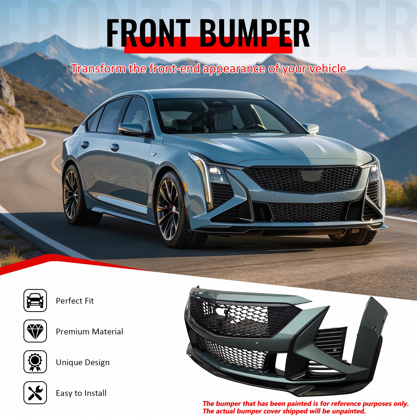 IKON MOTORSPORTS Front Bumper Cover, Compatible with 2025-2026 Cadillac CT5 (Premium Luxury/Sport/V), V Blackwing Style Unpainted Black PP Replacement Conversion Bodykit w/ Gloss Black Lip and Grille
