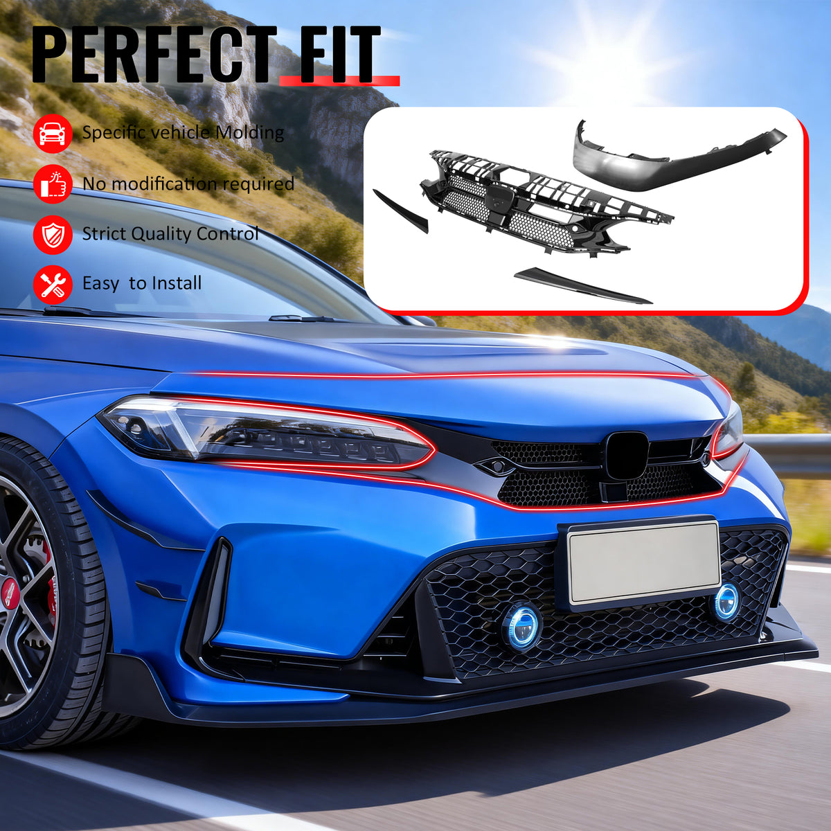 IKON MOTORSPORTS Front Upper Grille + Grille Molding, Compatible with 2022-2024 Honda Civic 11th Gen Sedan/Hatchback/Si, Varis Style Gloss Black ABS Plastic Replacement Front Bumper Hood Grill, 4PCS