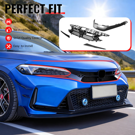 IKON MOTORSPORTS Front Upper Grille + Grille Molding, Compatible with 2022-2024 Honda Civic 11th Gen Sedan/Hatchback/Si, Varis Style Gloss Black ABS Plastic Replacement Front Bumper Hood Grill, 4PCS