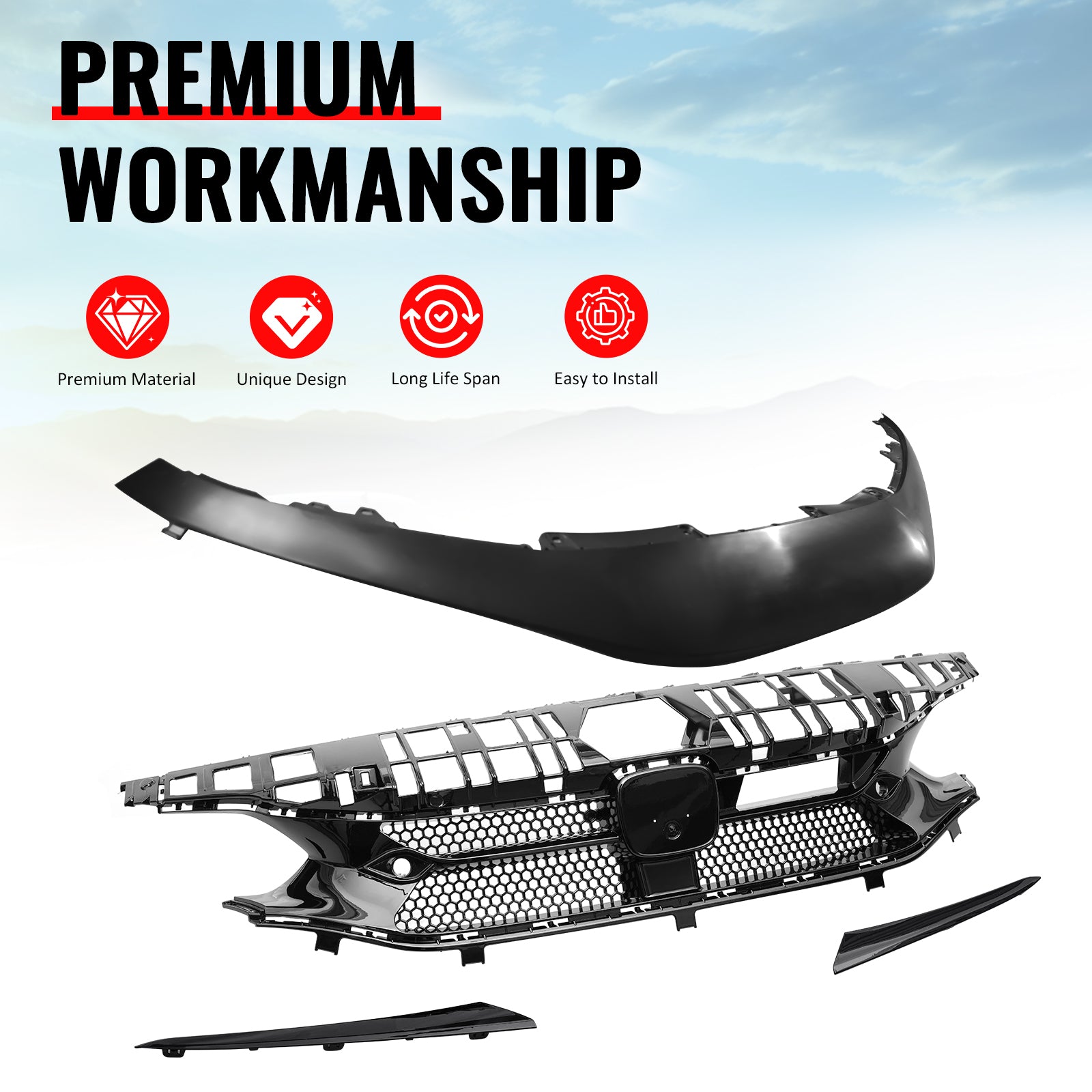Fits 22-24 Honda Civic Varis Style Gloss Black Front Grille + Grille Molding