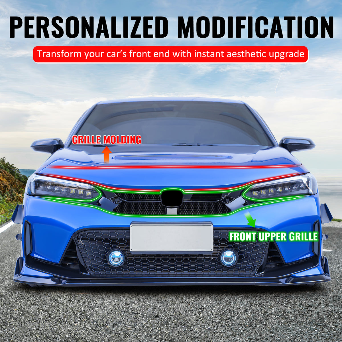Fits 22-24 Honda Civic Varis Style Gloss Black Front Grille + Grille Molding