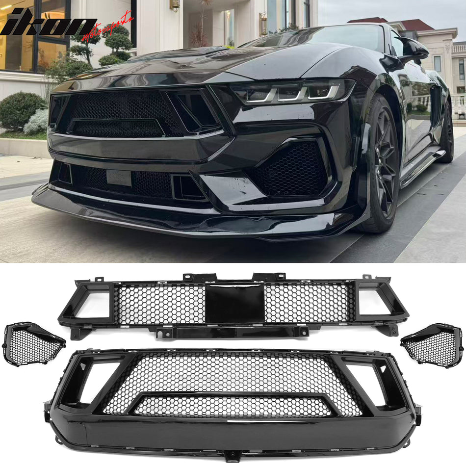 2024-2026 Ford Mustang GT Fog Light Cover & Upper Lower Grille Shelby Super Snake Style Gloss Black ABS Plastic Fog Lamp Decoration Bezel