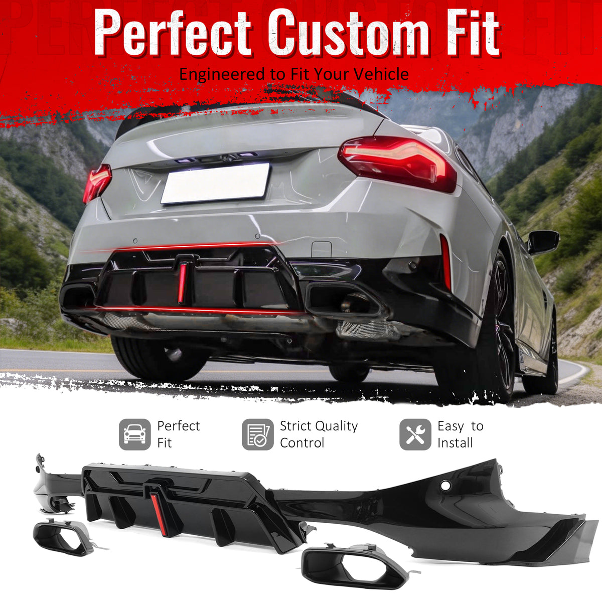 IKON MOTORSPORTS Rear Diffuser W/LED Brake Light, Compatible with 2022-2026 BMW G42 2-Series 220i 230i xDrive M Sport M240i, IKON Style Gloss Black PP Shark Fin Rear Bumper Spoiler + Exhaust Tailpipes