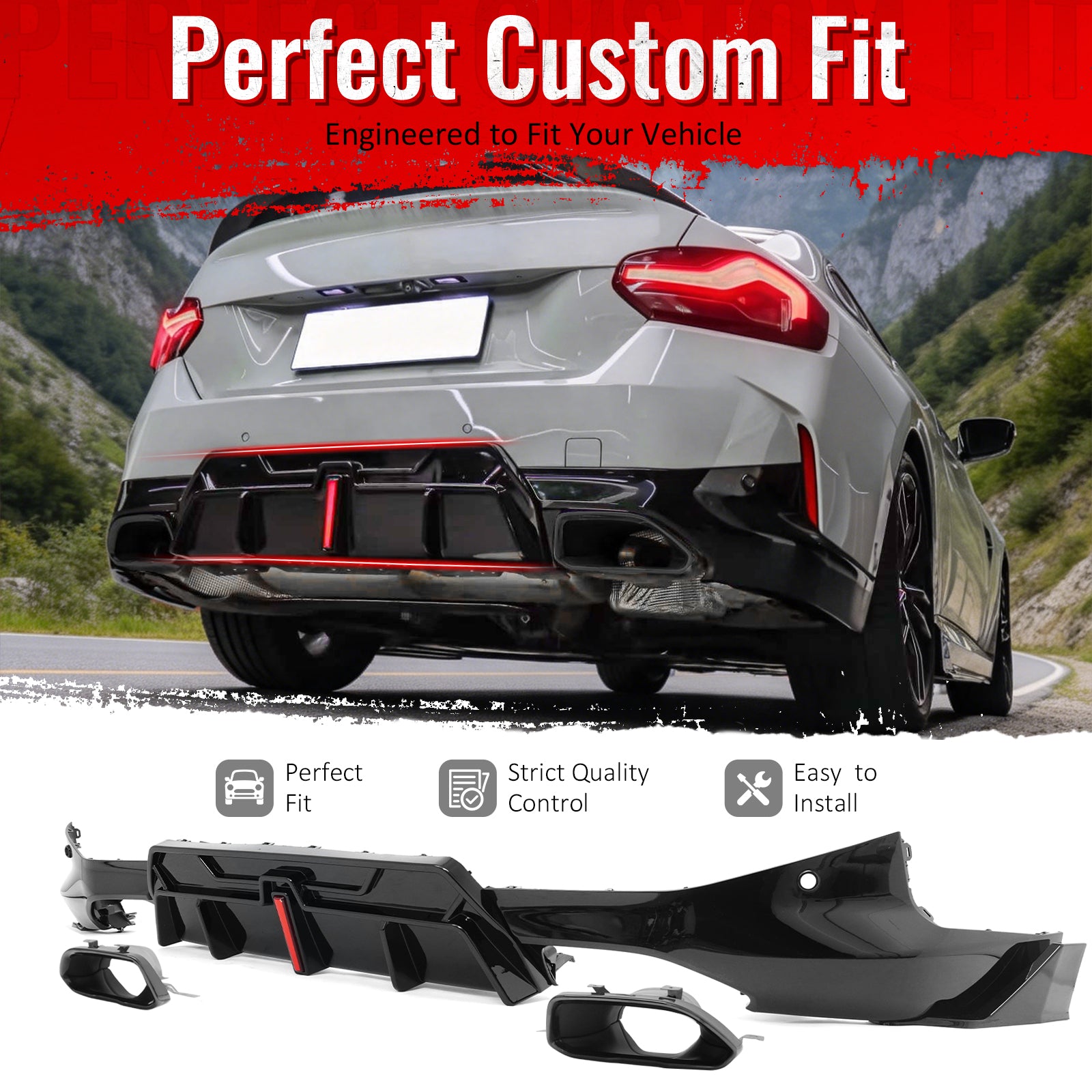 IKON MOTORSPORTS Rear Diffuser W/LED Brake Light, Compatible with 2022-2026 BMW G42 2-Series 220i 230i xDrive M Sport M240i, IKON Style Gloss Black PP Shark Fin Rear Bumper Spoiler + Exhaust Tailpipes