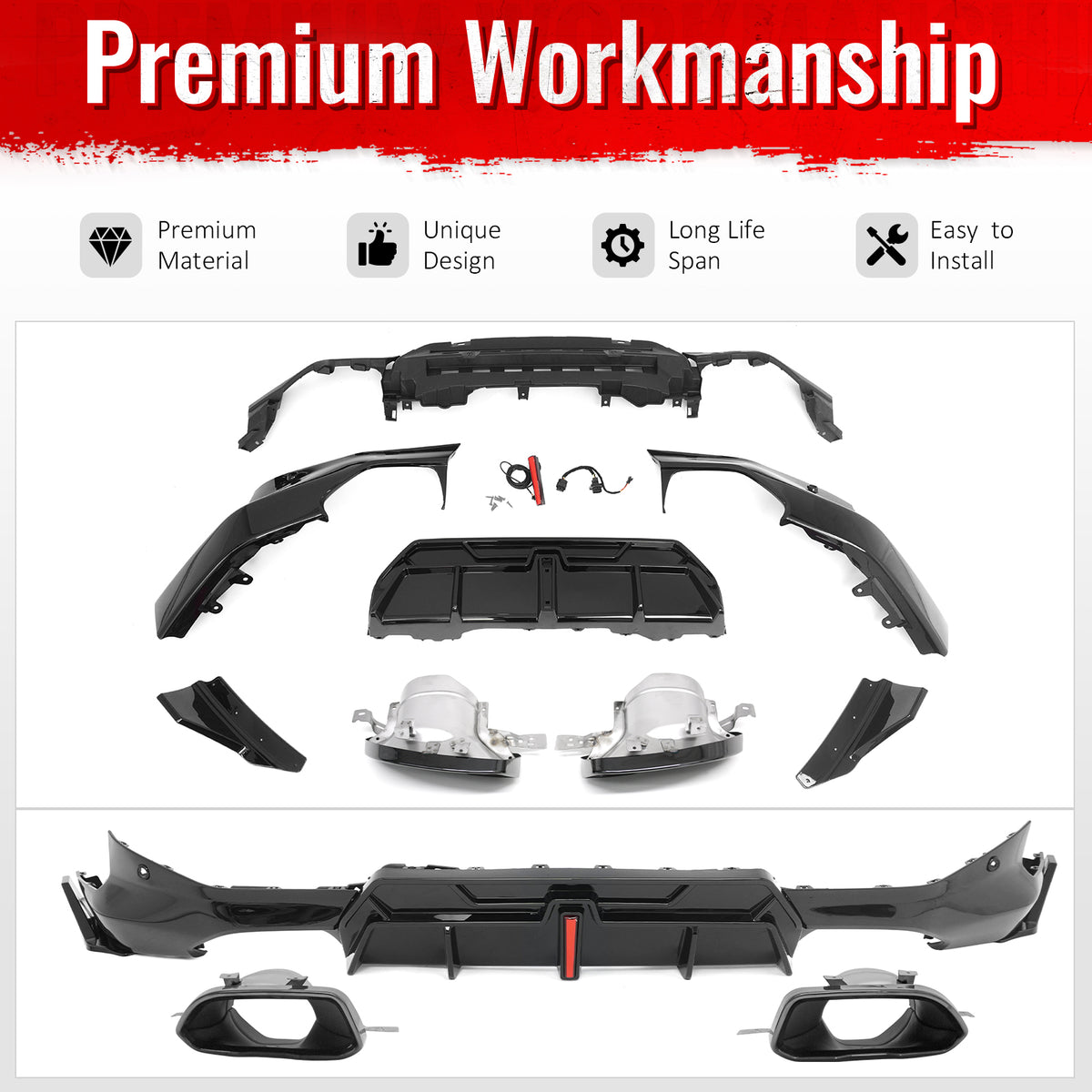 For 22-26 BMW 2-Series G42 IKON LED Rear Diffuser W/ Exhaust Tips PP Gloss Black