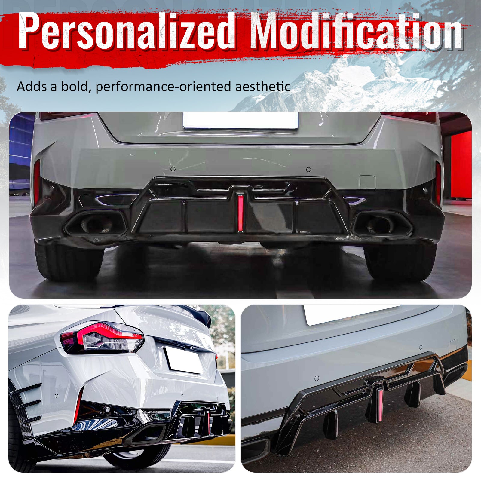 For 22-26 BMW 2-Series G42 IKON LED Rear Diffuser W/ Exhaust Tips PP Gloss Black