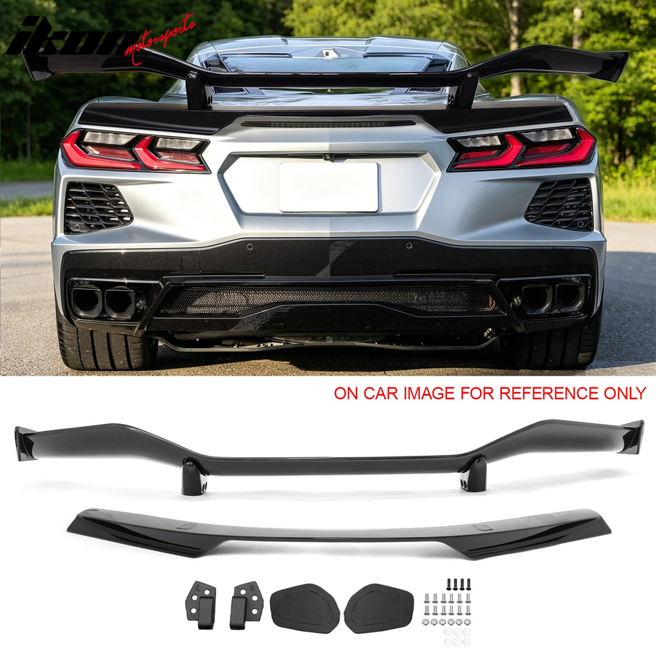 2020-2026 Chevy Corvette C8 Z07 Style Dry Carbon Fiber Gloss Black Trunk Spoiler + Pearl Black Panel