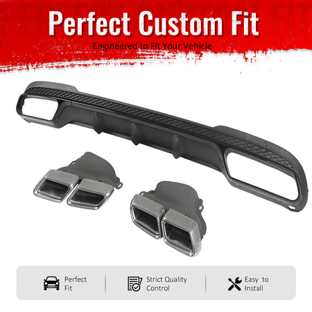 IKON MOTORSPORTS Rear Diffuser w/ Quad Square Exhaust Tips Fits 2014-2016 Benz E-Class W212 Sedan (E250 E350 E400 E550) E63 Style Primer Black Shark Fin Rear Bumper Lip W/ Stainless Steel Silver Tips