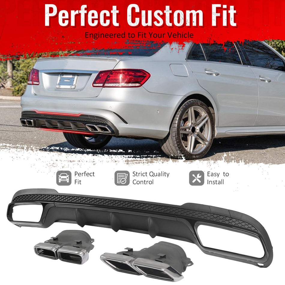 IKON MOTORSPORTS Rear Diffuser w/ Quad Square Exhaust Tips Fits 2014-2016 Benz E-Class W212 Sedan (E250 E350 E400 E550) E63 Style Primer Black Shark Fin Rear Bumper Lip W/ Stainless Steel Silver Tips