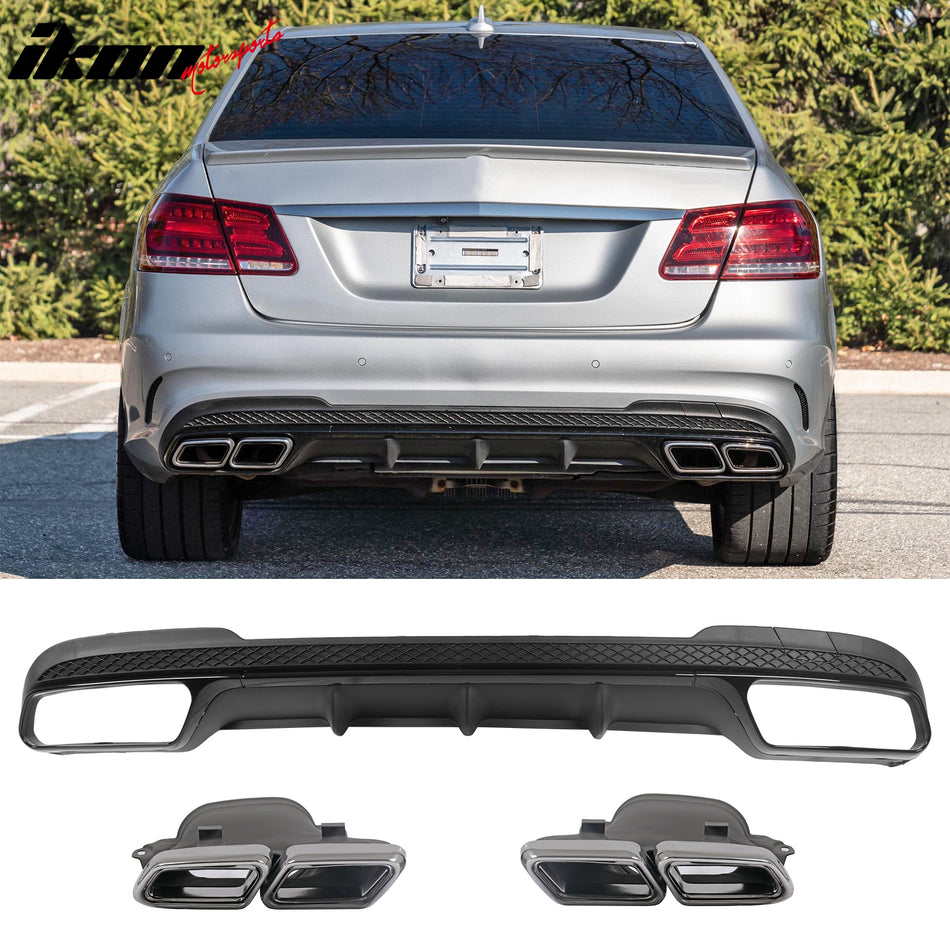 2014-2016 Benz E-Class W212 Sedan E63 Style Primer Black Rear Diffuser PP + Silver Exhaust Tips