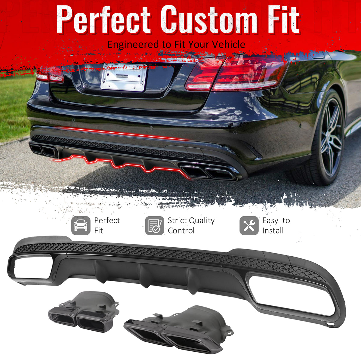 IKON MOTORSPORTS Rear Diffuser w/ Quad Square Exhaust Tips Fits 2014-2016 Benz E-Class W212 Sedan (E250 E350 E400 E550) E63 Style Primer Black Shark Fin Rear Bumper Lip W/ Stainless Steel Black Tips