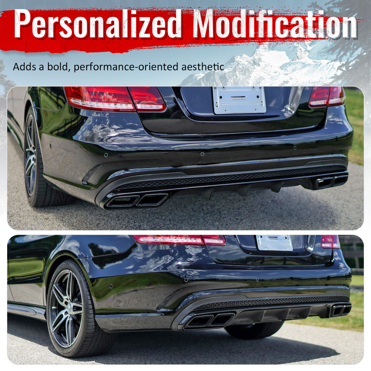 For 14-16 Benz E-Class E250 E350 E400 E63 Style Rear Diffuser Black Exhaust Tips
