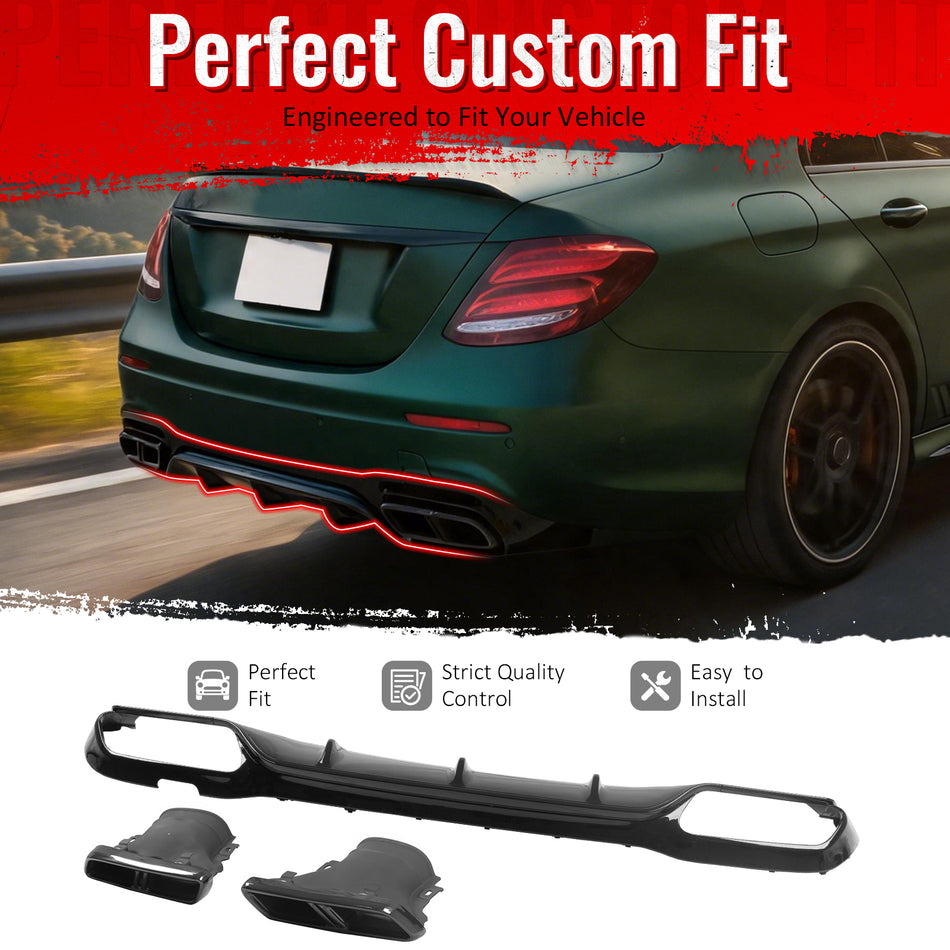 IKON MOTORSPORTS Rear Diffuser w/ Quad Square Exhaust Tips Fits 2017-2023 Benz E-Class W213 S213 (E300 E350 E400 E450 E43 AMG) E63 Style Gloss Black Shark Fin Rear Bumper Lip W/ Stainless Steel Tips