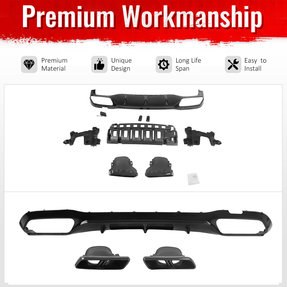 For 17-23 Benz E-Class E300 E400 E63 Style Gloss Black Rear Diffuser Exhaust Tip
