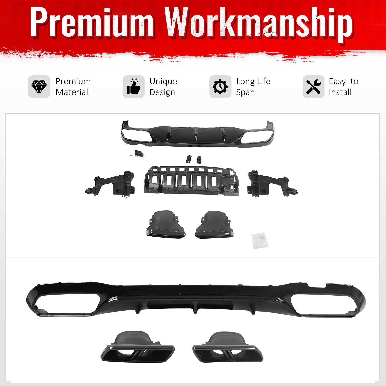 For 17-23 Benz E-Class E300 E400 E63 Style Gloss Black Rear Diffuser Exhaust Tip