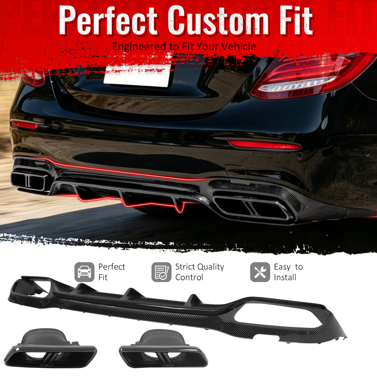 IKON MOTORSPORTS Rear Diffuser w/ Quad Square Exhaust Tips Fits 2017-2023 Benz E-Class W213 S213 (E300 E350 E400 E450 E43 AMG) E63 Style Carbon Fiber Print Shark Fin Rear Lip W/ Stainless Steel Tips