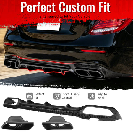 IKON MOTORSPORTS Rear Diffuser w/ Quad Square Exhaust Tips Fits 2017-2023 Benz E-Class W213 S213 (E300 E350 E400 E450 E43 AMG) E63 Style Carbon Fiber Print Shark Fin Rear Lip W/ Stainless Steel Tips