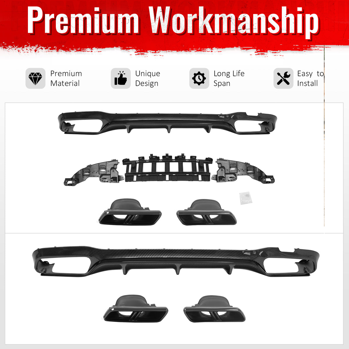 For 17-23 Benz E-Class E300 E400 E63 Carbon Fiber Print Rear Diffuser W/ Exhaust
