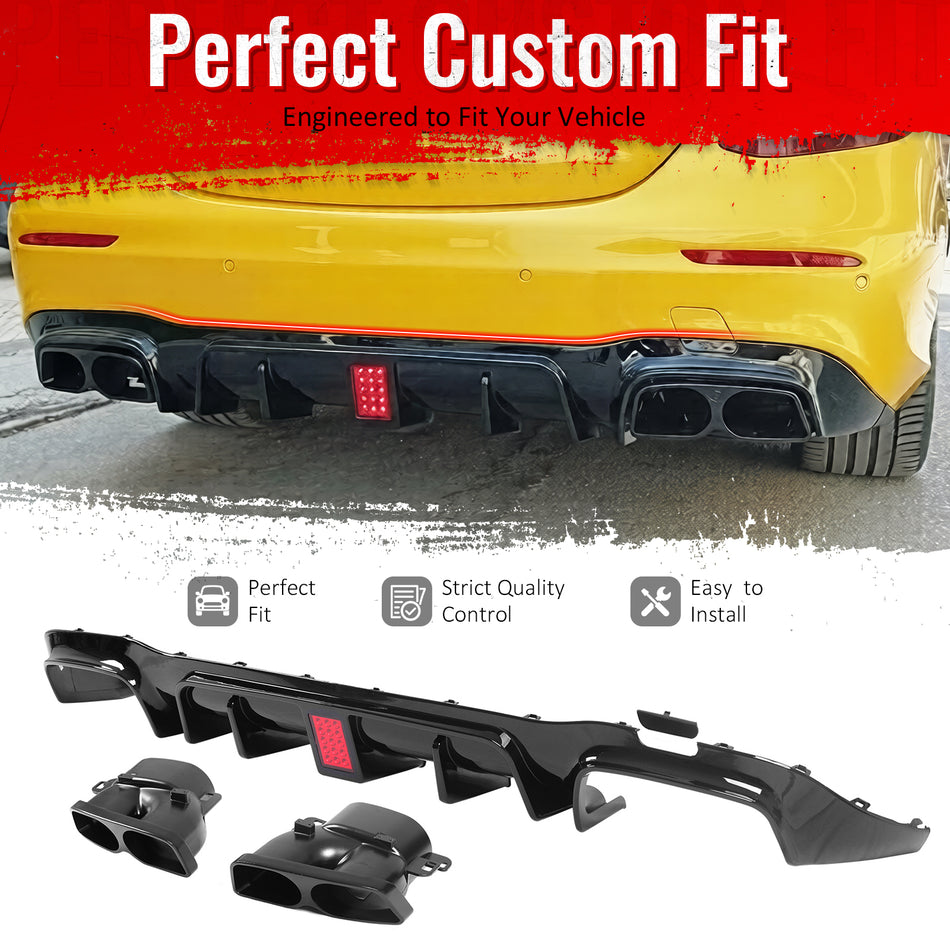 IKON MOTORSPORTS Rear Diffuser LED Light w/ Quad Square Exhaust Tips Fits 2017-2023 Benz E-Class E300 E350 E400 E450 E43 AMG 4DR, Brabus BS Style Gloss Black Shark Fin Rear Lip W/ Stainless Steel Tips