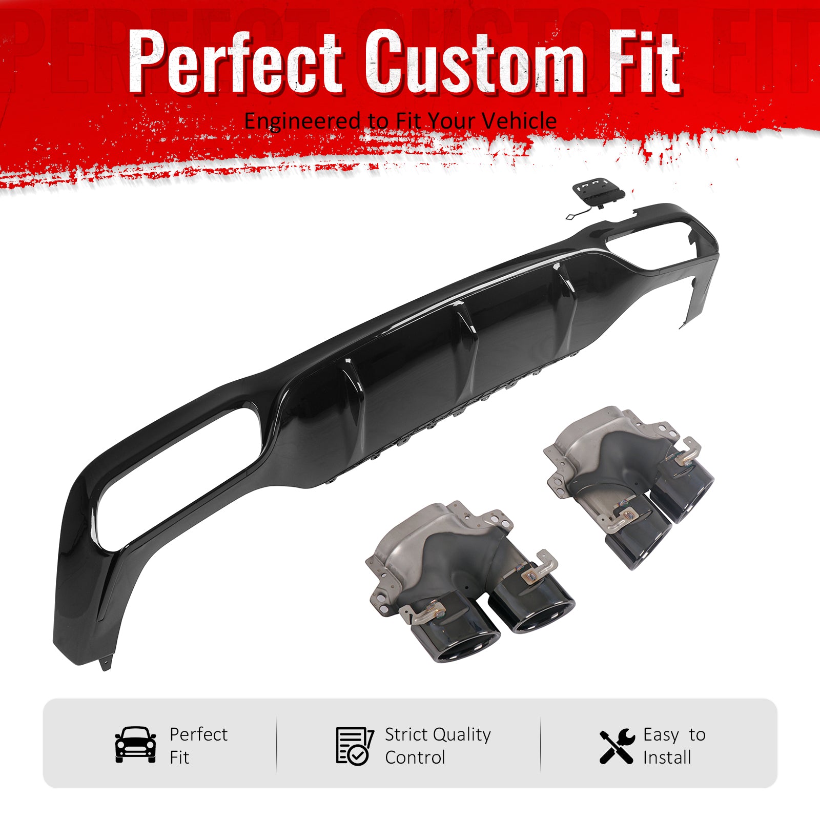 IKON MOTORSPORTS Rear Diffuser w/ Quad Round Exhaust Tips Fits 2017-2023 Benz E-Class W213 S213 (E300 E350 E400 E450 E43 AMG) E53 Style Gloss Black Shark Fin Rear Bumper Lip W/ Stainless Steel Tips