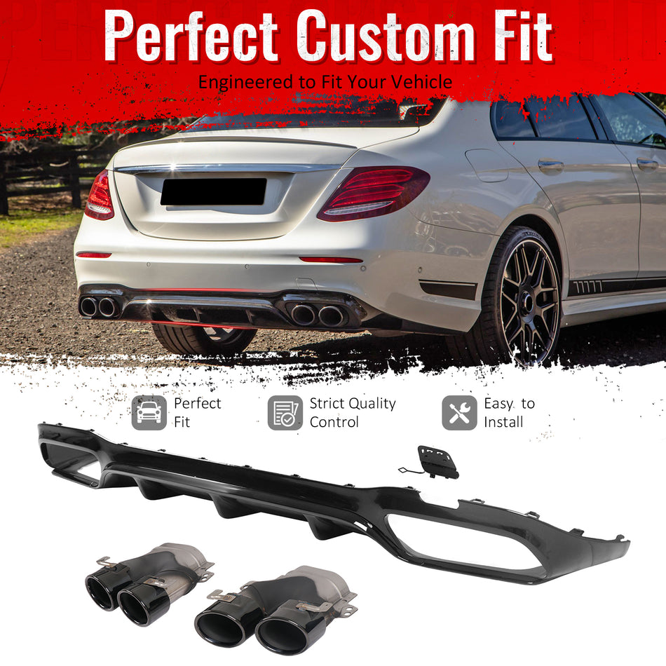 IKON MOTORSPORTS Rear Diffuser w/ Quad Round Exhaust Tips Fits 2017-2023 Benz E-Class W213 S213 (E300 E350 E400 E450 E43 AMG) E53 Style Gloss Black Shark Fin Rear Bumper Lip W/ Stainless Steel Tips
