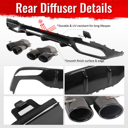 For 17-23 Benz E-Class E300 E400 E53 Style Gloss Black Rear Diffuser Exhaust Tip