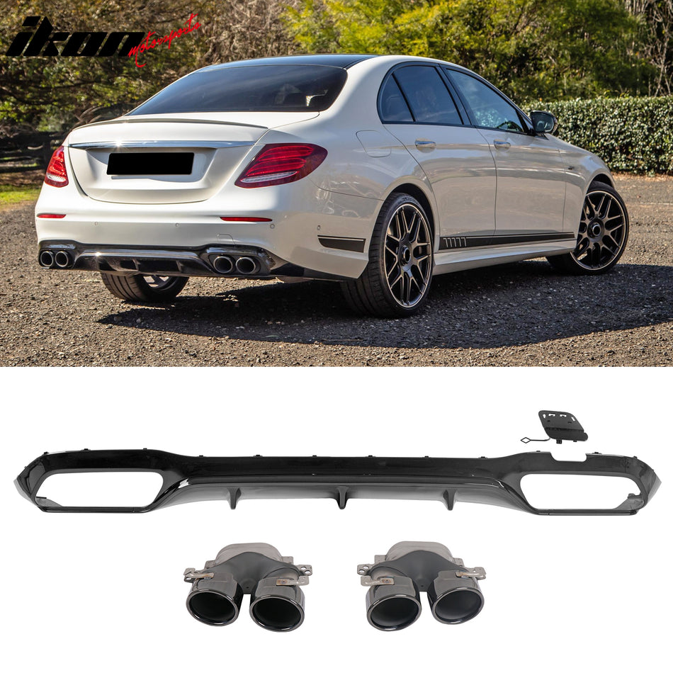 2017-2023 Benz E-Class W213 S213 E53 Style Gloss Black Rear Diffuser PP + Exhaust Tips