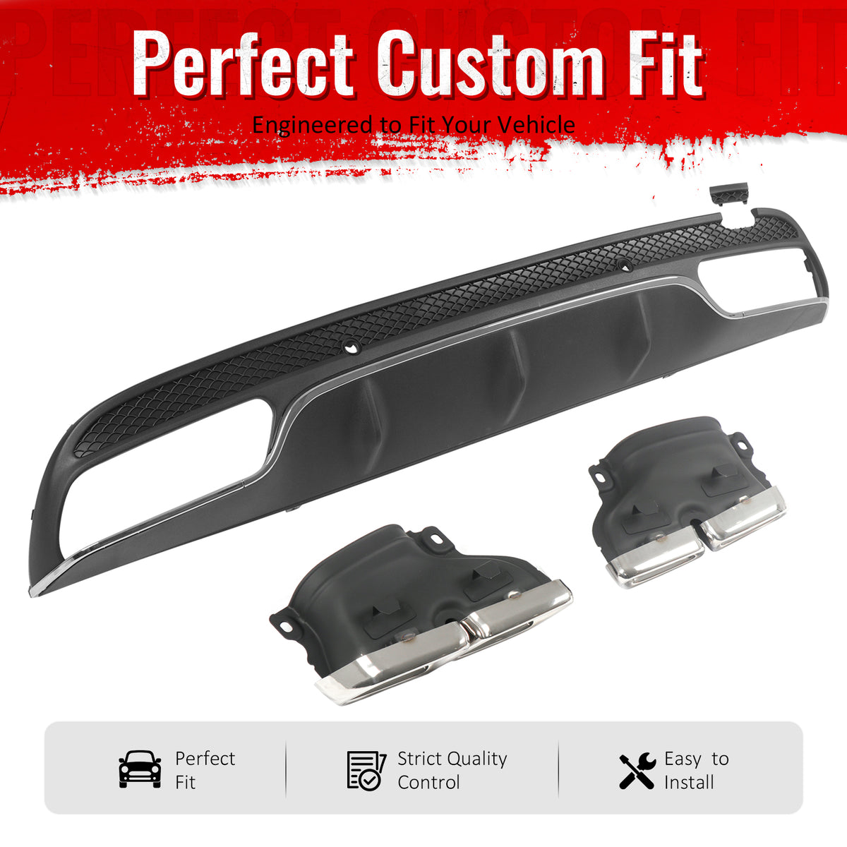 IKON MOTORSPORTS Rear Diffuser w/ Quad Square Exhaust Tips Fits 2015-2021 Benz C-Class W205 (C300 C350e C400 C450 C43 C63 AMG) C63 Style Black&Silver Shark Fin Rear Lip W/ Stainless Steel Silver Tips