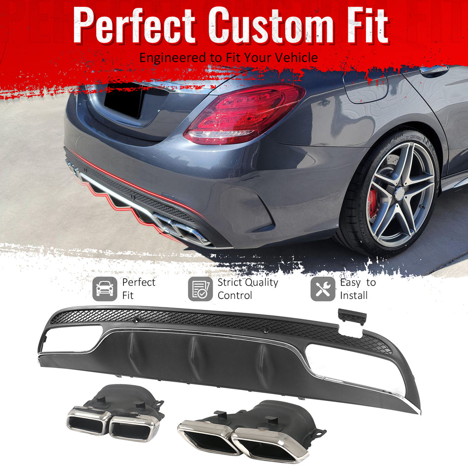 IKON MOTORSPORTS Rear Diffuser w/ Quad Square Exhaust Tips Fits 2015-2021 Benz C-Class W205 (C300 C350e C400 C450 C43 C63 AMG) C63 Style Black&Silver Shark Fin Rear Lip W/ Stainless Steel Silver Tips