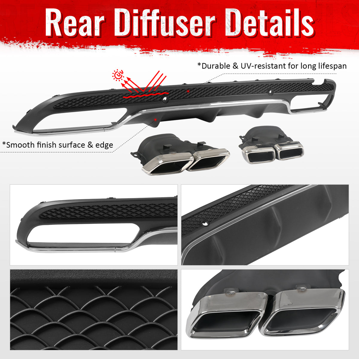 Fits 15-21 Benz C-Class C300 C400 C63 Black Rear Diffuser + Silver Exhaust Tips