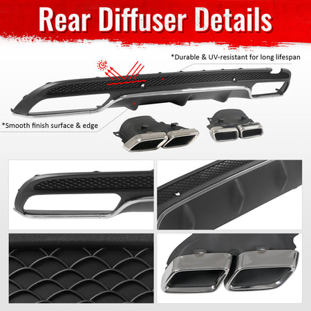 Fits 15-21 Benz C-Class C300 C400 C63 Black Rear Diffuser + Silver Exhaust Tips