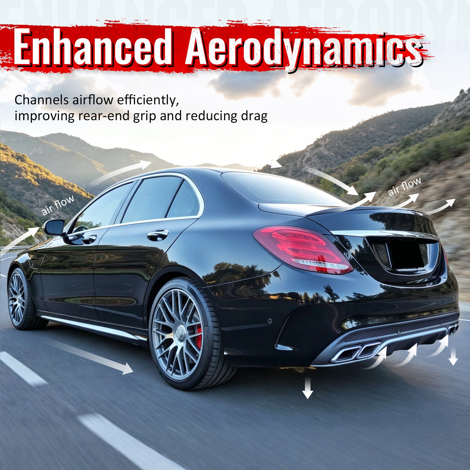 Fits 15-21 Benz C-Class C300 C400 C63 Black Rear Diffuser + Silver Exhaust Tips