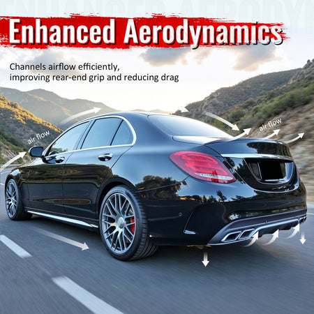 Fits 15-21 Benz C-Class C300 C400 C63 Black Rear Diffuser + Silver Exhaust Tips