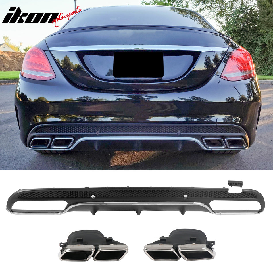 2015-2021 Benz C-Class W205 C63 Style Black&Silver Rear Diffuser PP + Silver Exhaust Tips
