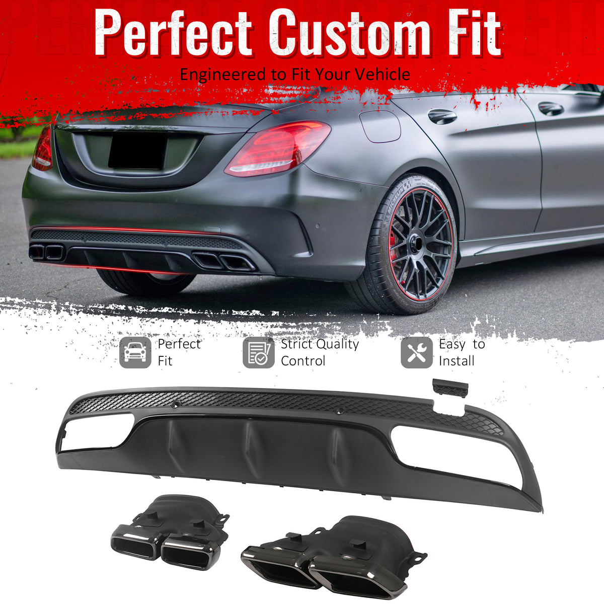 IKON MOTORSPORTS Rear Diffuser w/ Quad Square Exhaust Tips Fits 2015-2021 Benz C-Class W205 (C300 C350e C400 C450 C43 C63 AMG) C63 Style Gloss Black Shark Fin Rear Bumper Lip W/ Stainless Steel Tips