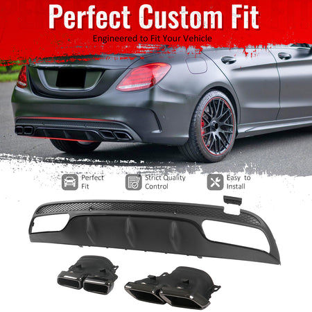 IKON MOTORSPORTS Rear Diffuser w/ Quad Square Exhaust Tips Fits 2015-2021 Benz C-Class W205 (C300 C350e C400 C450 C43 C63 AMG) C63 Style Gloss Black Shark Fin Rear Bumper Lip W/ Stainless Steel Tips