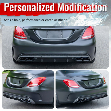 For 15-21 Benz C-Class C300 C400 C63 Style Gloss Black Rear Diffuser Exhaust Tip