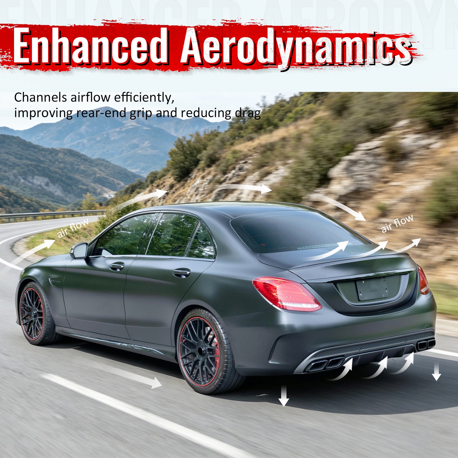 For 15-21 Benz C-Class C300 C400 C63 Style Gloss Black Rear Diffuser Exhaust Tip