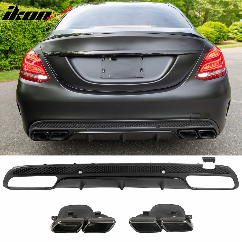 2015-2021 Benz C-Class W205 C63 Style Gloss Black Rear Diffuser PP + Exhaust Tips
