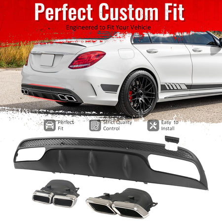 IKON MOTORSPORTS Rear Diffuser w/ Quad Square Exhaust Tips Fits 2015-2021 Benz C-Class W205 (C300 C350e C400 C450 C43 C63 AMG) C63 Style Gloss Black Shark Fin Rear Lip W/ Stainless Steel Silver Tips