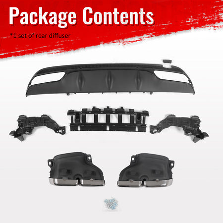 Fits 15-21 Benz C-Class C300 C400 C63 Style Rear Diffuser + Silver Exhaust Tips