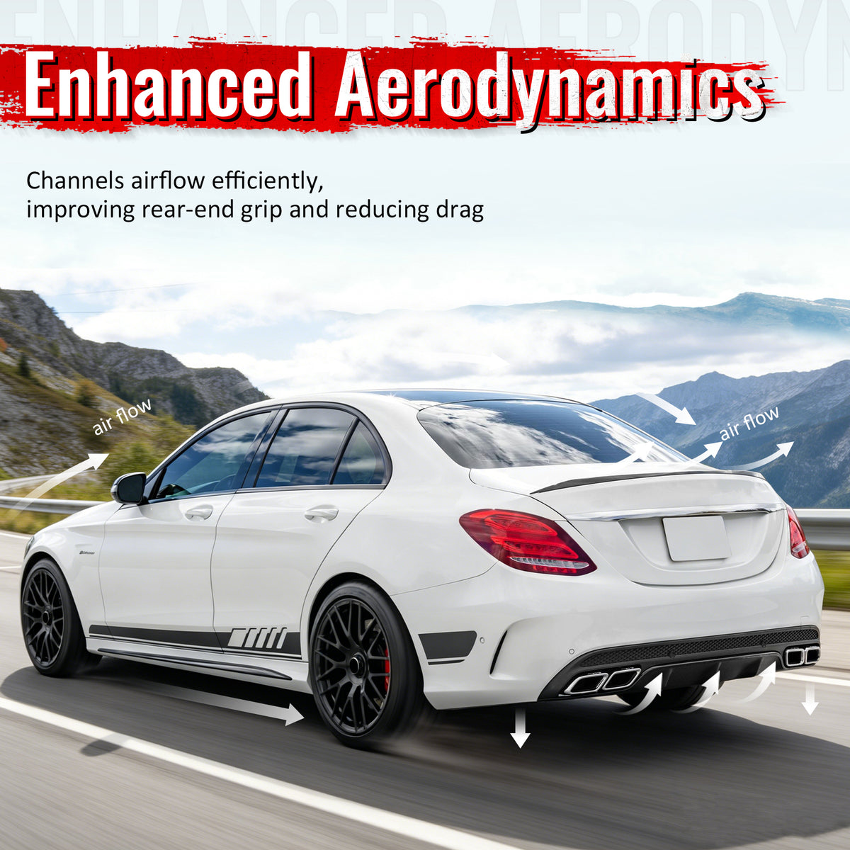 Fits 15-21 Benz C-Class C300 C400 C63 Style Rear Diffuser + Silver Exhaust Tips